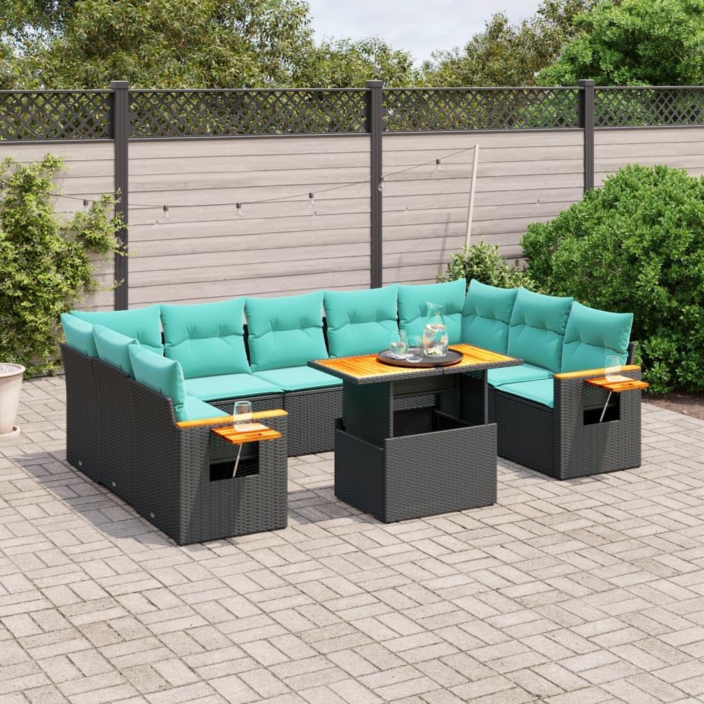 10 Piece Patio Sofa Set with Cushions Black Poly Rattan, Modular Outdoor Furniture with Adjustable Tabletop and Foldable Side Table, Durable PE Rattan Weather-Proof Garden