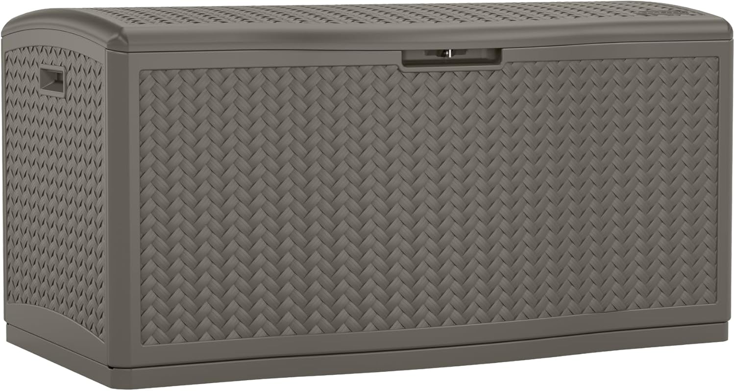 Suncast Extra Large Deck Box - 124 Gallon Resin Outdoor Storage Box Waterproof with Lockable Lid for Outdoor Cushion Storage & Garden Gear, Stoney Grey Wicker Bin for Patio, Porch, Pool, & Yard