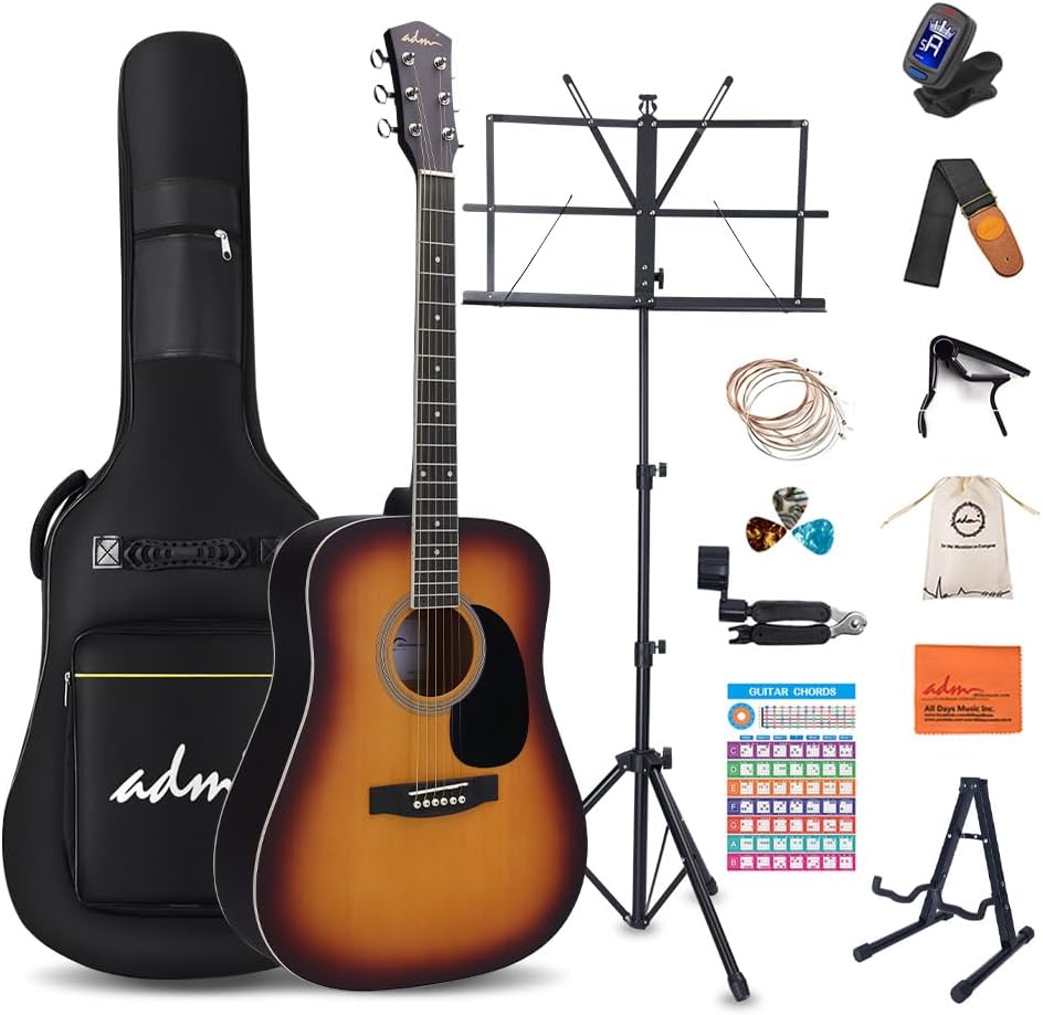 ADM Dreadnought Acoustic Guitar Kit with Free Lesson for Beginner Adult Teen Full Size Acustica Guitarra Starter Bundle Set w/Bag Strap Tuner Capo Pickguard Music Stand Right Hand(Sunburst, 41 Inch)