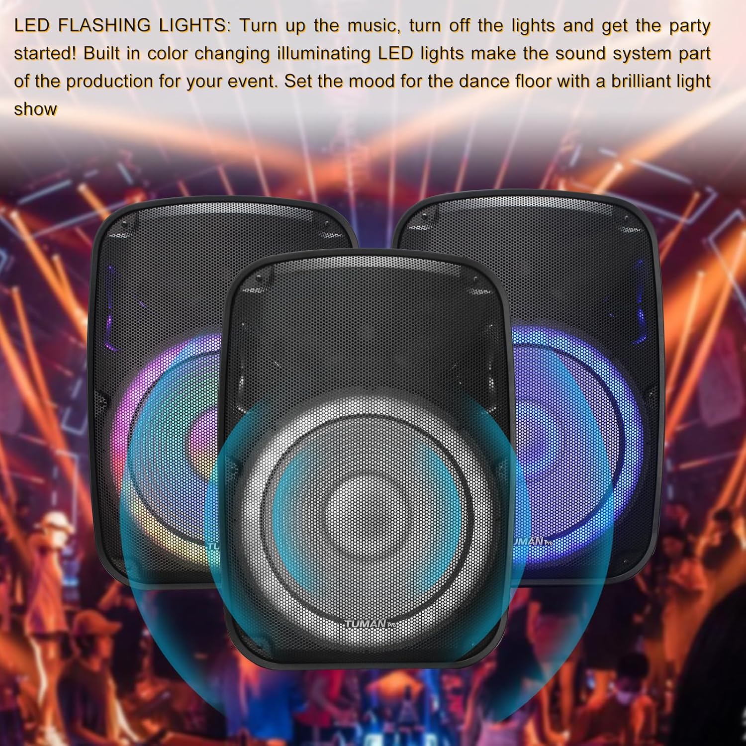 Portable 15-Inch PA Speaker System DJ Amplified Loud Speaker with Stand Bluetooth/USB/SD Card Reader/FM Radio/Remote Control/LED Light, Good for Churches, Bands, Parties