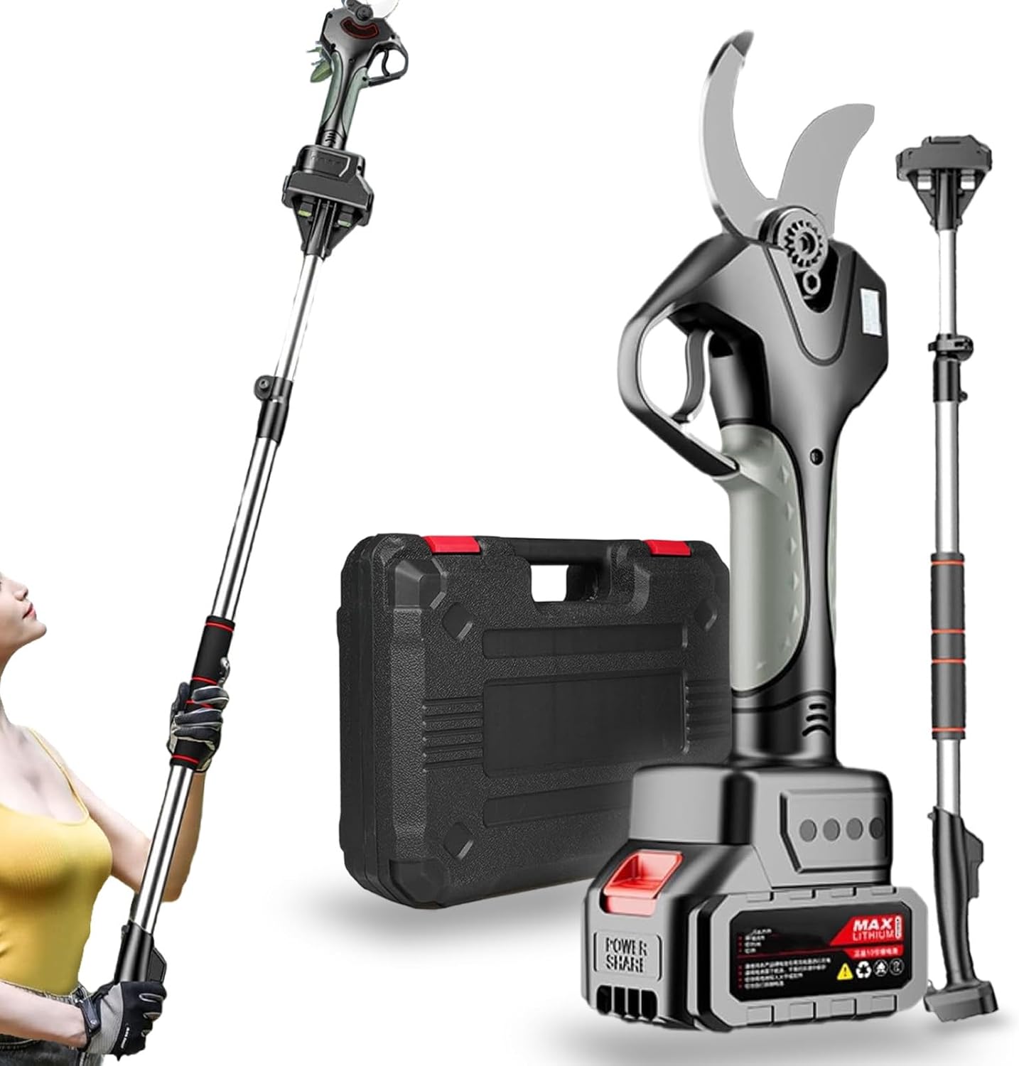 Cordless Electric Pruning Shears,Extendable Tree Pruning Pruner,78mm/3.07inch Max Cutting Diameter,10-12 Hours Working Hours,with Extension Poles,for Hedge, Bush, Orchard,‎1Battery