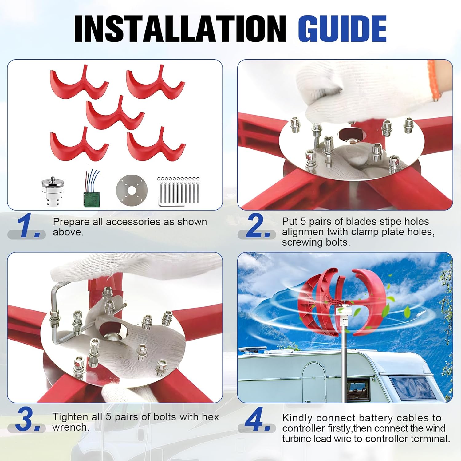 4500W Wind Turbine Generator Kit, 12V Adjustable 5-Blade Wind Power Generator with MPPT Controller, Suitable for Home, Farm, RVs, Boats, Electromagnetic Electricity Producer Equipment Red
