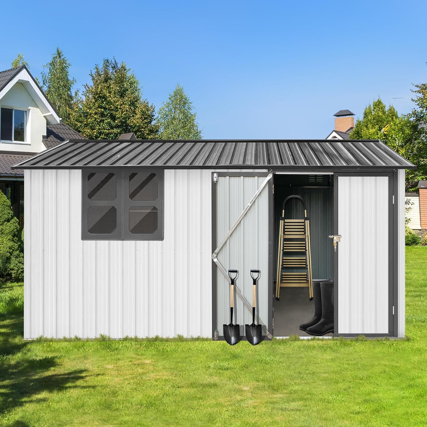 Metal Garden Shed,Outdoor Storage Shed, Aluminum Utility Storage Shed with Window with Door and Lock,Outdoor Storage Shed for Garden,Lawn,Grey+White,10x12ft