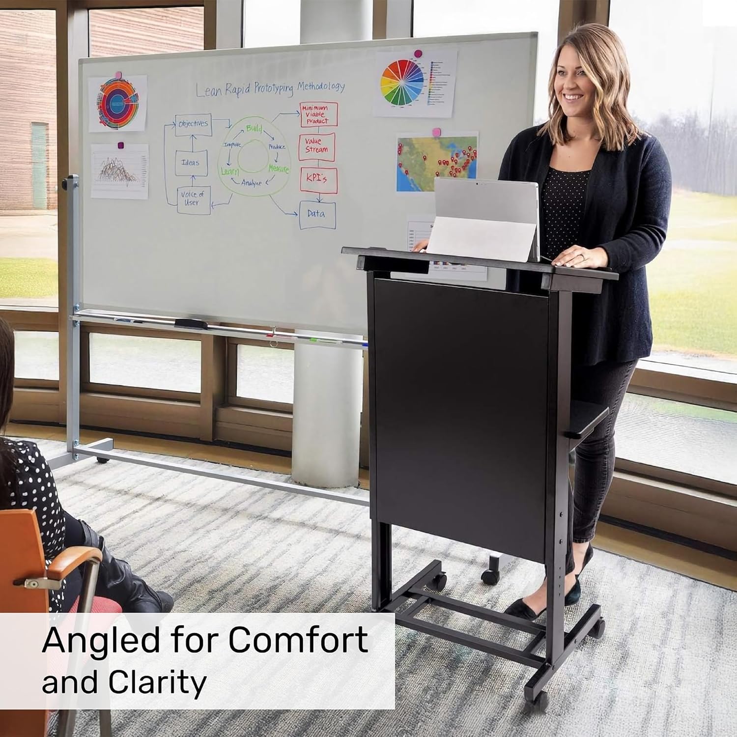 Stand Up Adjustable Height Lectern Podium | Rolling Desk with Storage Shelf | Ergonomic Standing Desk Frame for Office, Classroom, Laptop, Teaching, Presentations & More (Black)