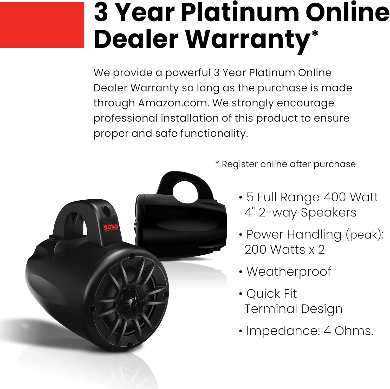 BOSS Audio Systems MRWT40 ATV UTV Marine Weatherproof Waketower System - 4 Inch Stereo Speakers, Full Range, 2 Way, Tweeters, IPX5 Rated, Sold in Pairs, Wake Tower For Boat