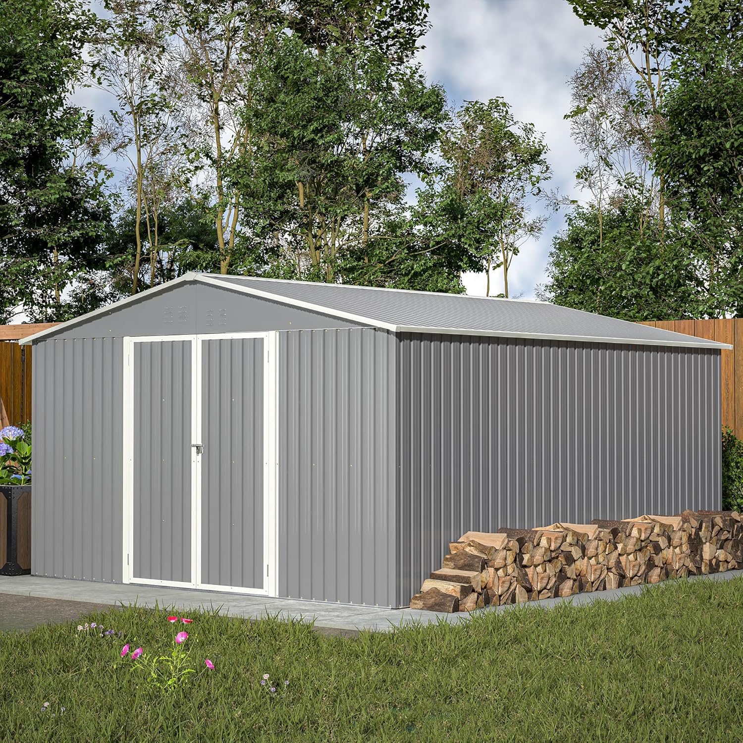 Metal Storage Shed 11x13 FT Outdoor, Metal Steel Utility Tool Shed Storage House with Double Lockable Doors & Air Vent for Backyard Garden Patio Lawn Gray