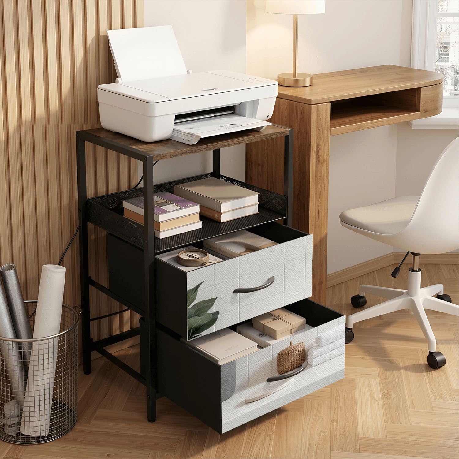 Night Stand with Charging Station Bedside Table with 2 Fabric Drawers Marble White Round for Bathing Products Bathroom spa Shampoo Bedroom Nightstand with USB Ports & Outlets Open Shelf Black