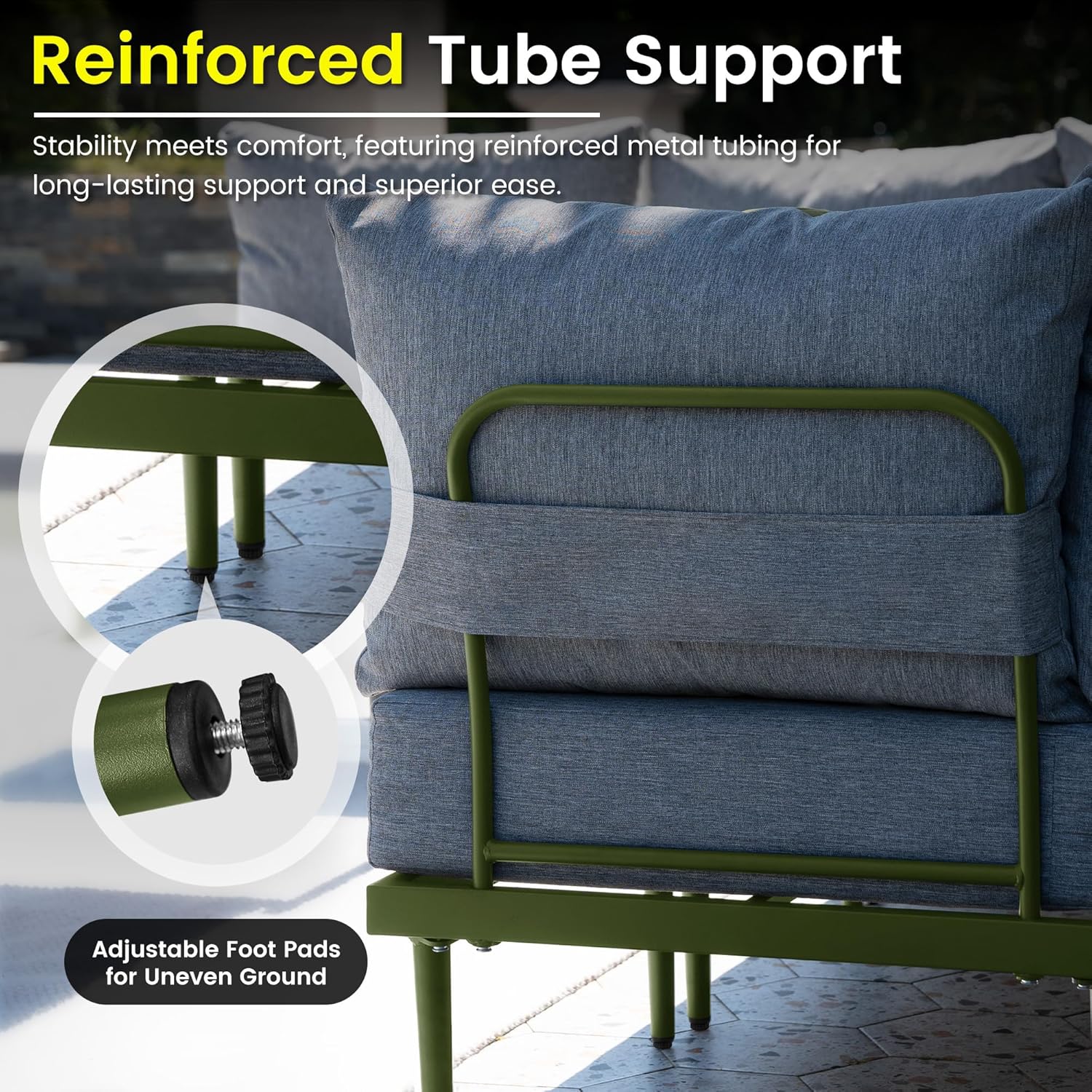 5 Pieces Metal Patio Furniture Set with Champagne Fire Pit Table, Outdoor Sectional Sofa with 6-Inch Olefin Cushion, Outdoor Furniture Set for Balcony, Patio & Courtyard, Green