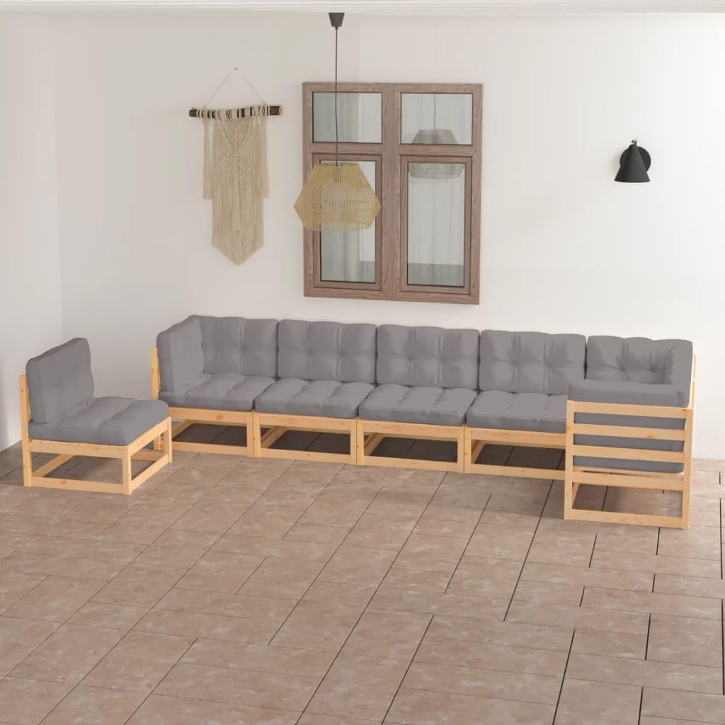 7 Piece Patio Lounge Set with Cushions Solid Pinewood,Patio Lounge Set, Outdoor Furniture Modular Pinewood Sofa with Comfortable Gray Cushions Patio Furniture Sets, Outdoor Furniture Sets