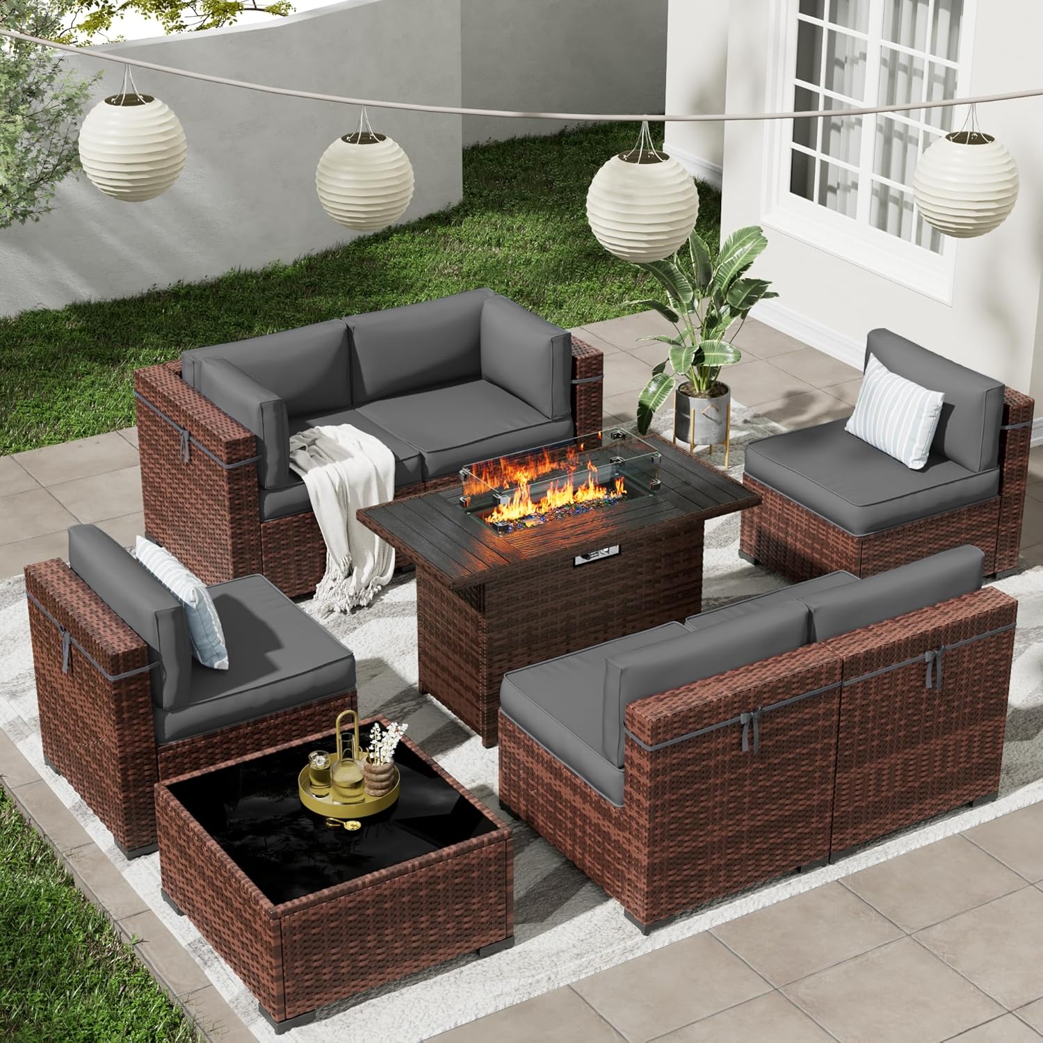 Patio Furniture Set with 44'' Propane Gas Firepit Table, 8 PCS Outdoor Sectional Conversation Sets with High Back, Grey (Waterproof Cover Included)