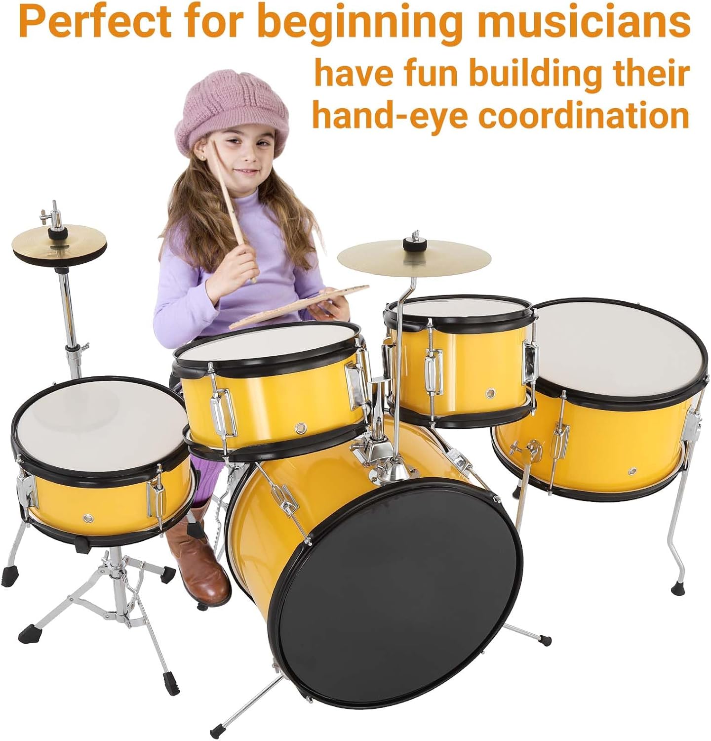 Senfot Drum Set for Musical Instruments, AD-300 Five Piece Drums with Bass Drum, Tom-Tom, Snare, Cymbals, Hi-Tone Drum, Sticks, Base Pedal and Stool, Beginner Set (Yellow, 5-Piece)