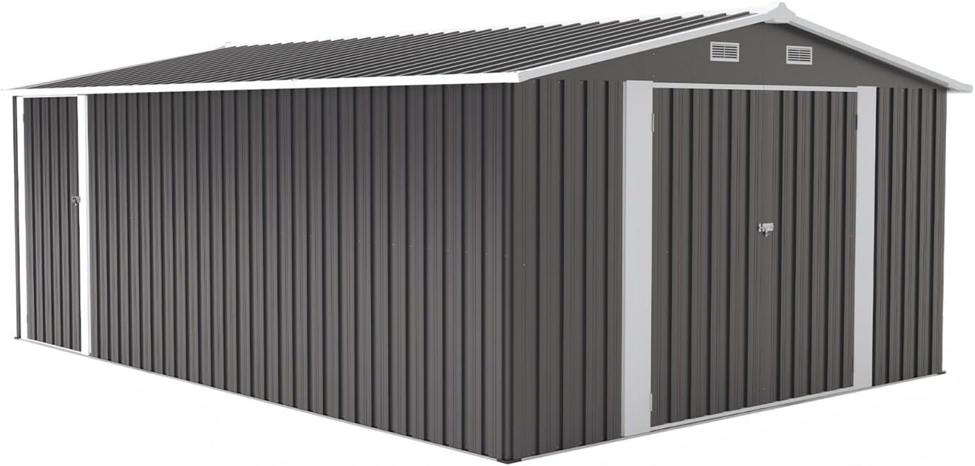 10x14 FT Metal Storage Shed with 3 Lockable Doors, Weather-Resistant Outdoor Garden Tool House, Heavy Duty Steel Utility Shelter for Backyard, Patio, Lawn