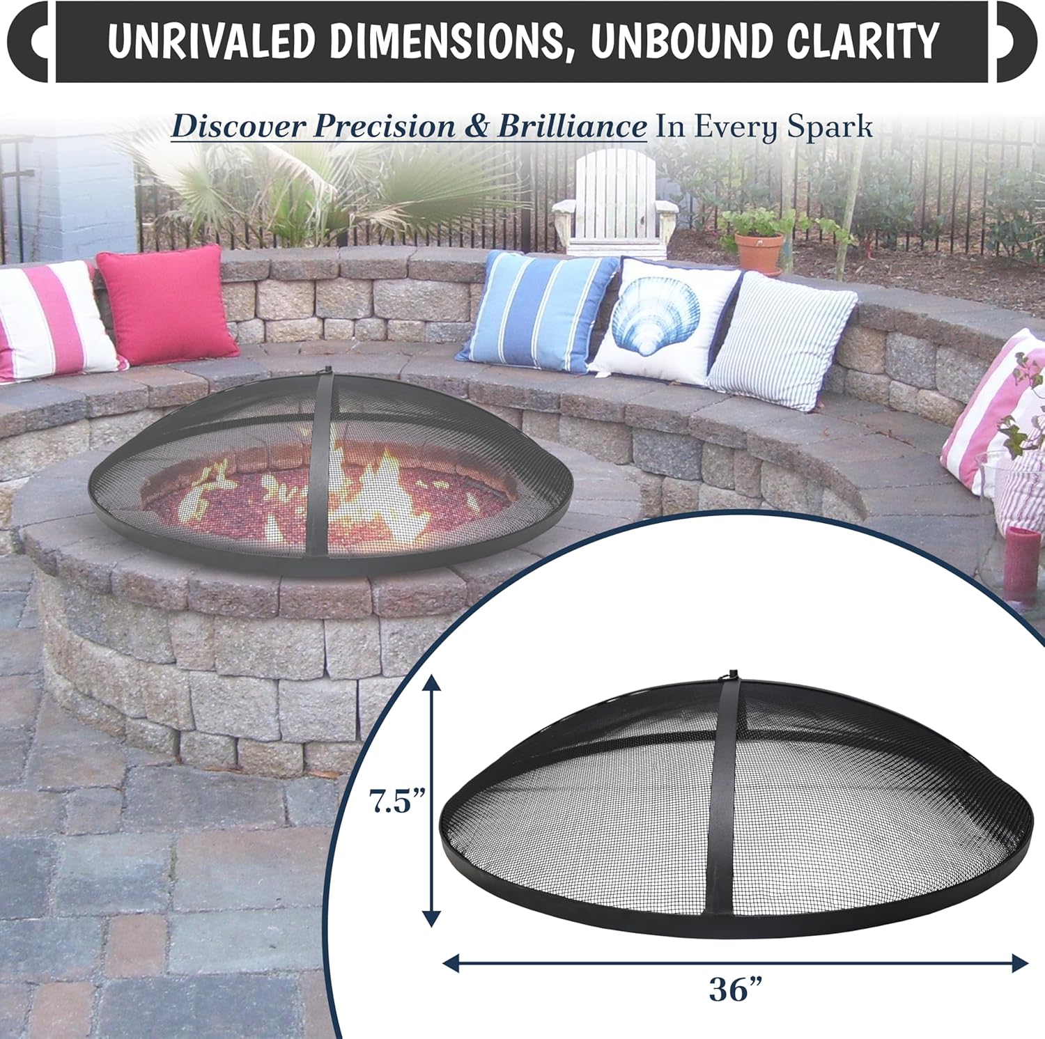 Fire Pit Spark Screen- Heavy Duty Fire Pit Screen 36 Inch Round with Hook Handle—Powder Coated Domed Outdoor Round Patio Mesh Firepit Screens Guard for Outdoor/Patio/Backyard/RV Camping/Beach
