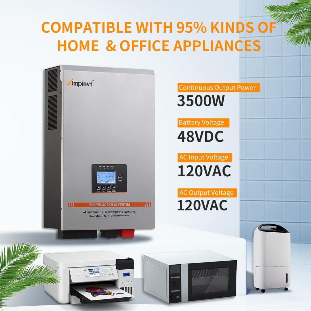 Ampinvt 3500W Low Frequency Solar Inverter 48V DC to 120V AC, Off Grid Pure Sine Wave Inverter Charger Built-in 80A MPPT Solar Controller and 35A AC Charger, Support Lead Acid Lithium Gel Battery