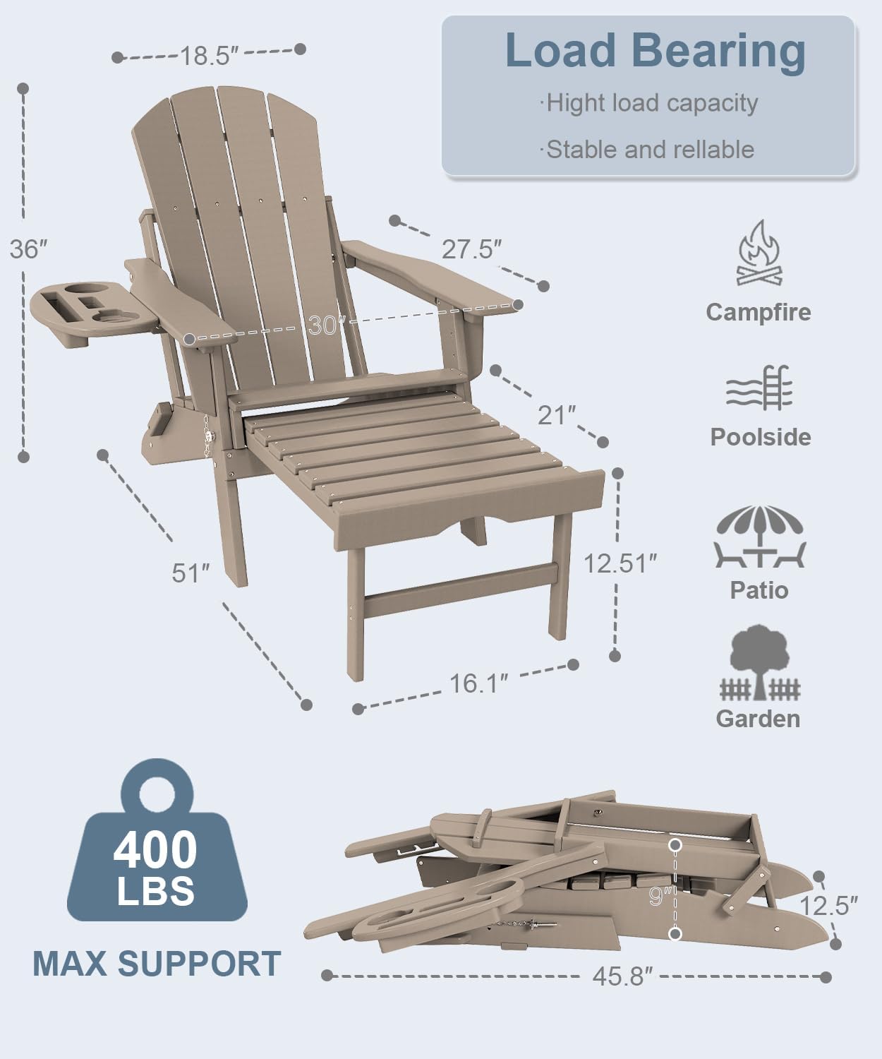 Adjustable Adirondack Chair with Retractable Ottoman Set of 2, HDPE Folding Adirondack Chair with Cup Holder, All Weather Fire Pit Chair for Outdoor.