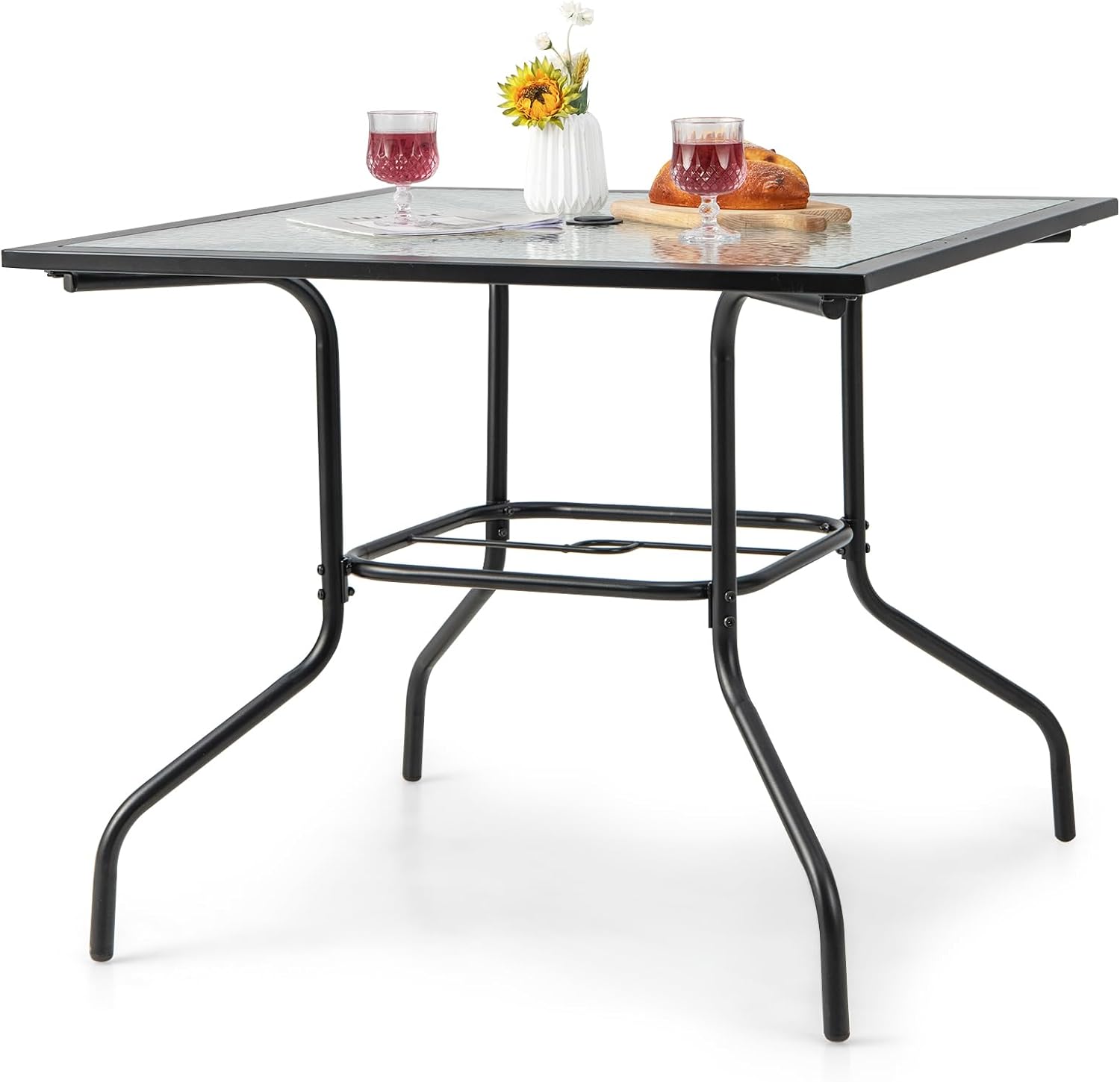 Tangkula 35 Inch Patio Bistro Table with 1.5” Umbrella Hole, Tempered Glass Top Outdoor Indoor Dining Table with Heavy-duty Metal Frame, Square Coffee Table for Living Room, Garden, Backyard, Poolside