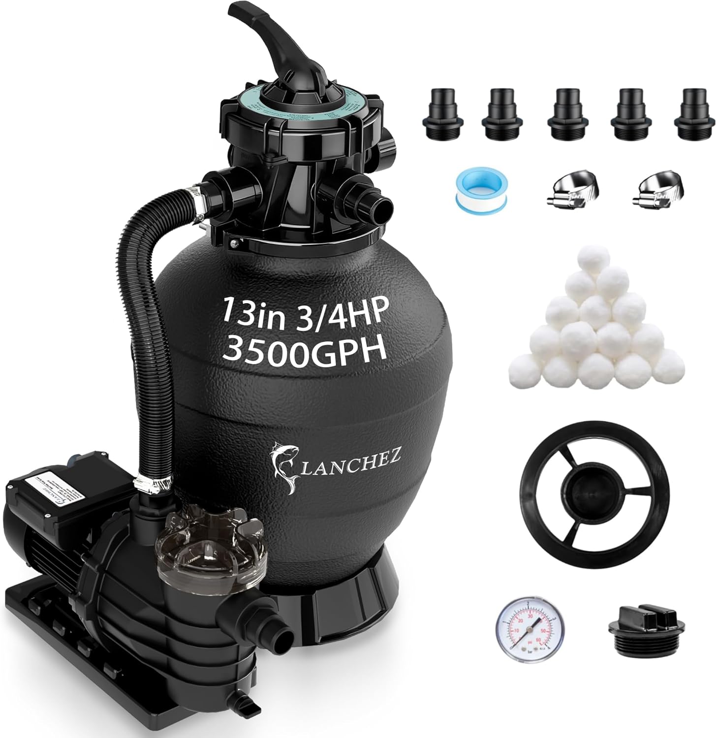 LANCHEZ Sand Filter Pump for Above Ground Pool, High Flow Pool Pump, 6-Way Valve Sand Filter Pump System, 13in 3/4HP 3500GPH