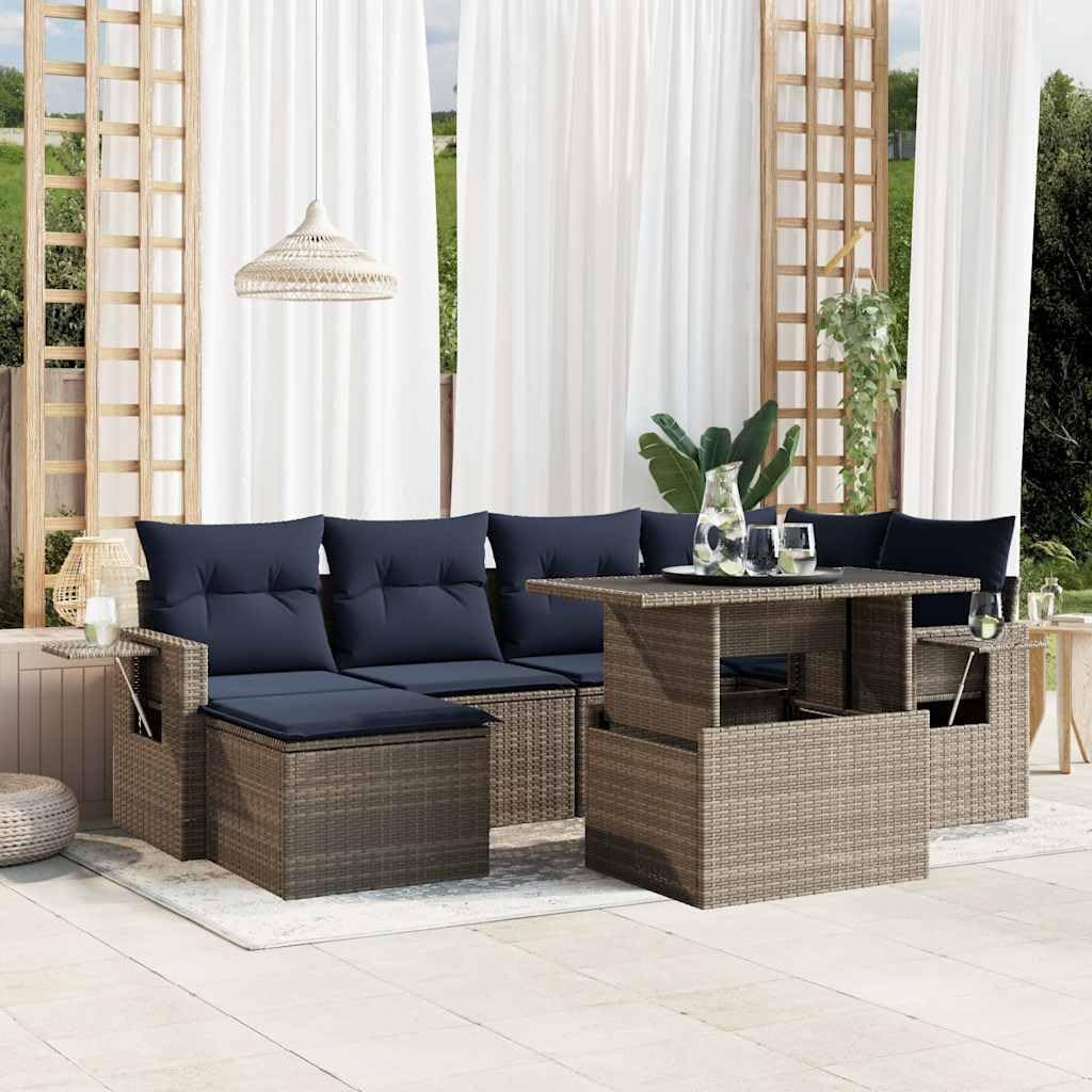 7 Piece Garden Sofa Set with Cushions, Grey Poly Rattan Outdoor Patio Furniture, Adjustable Table, Modular Design for Backyard, Terrace, Balcony