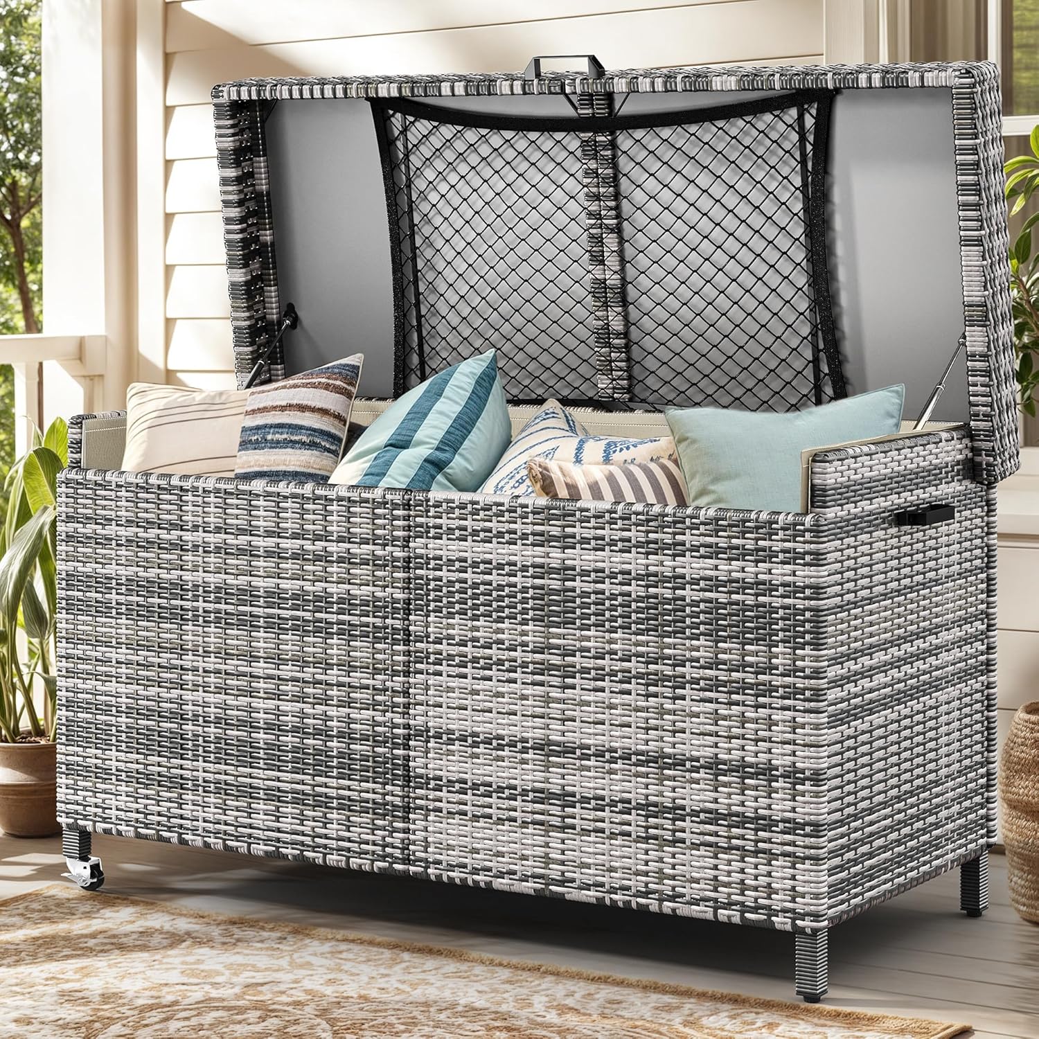 YITAHOME 200 Gallon Outdoor Storage Box w/Storage Net, Rattan XL Outdoor Deck Box, Patio Cushion Storage, Outside Storage Box for Patio Furniture, Garden Tools, Pool Sports Equipment (Grey)