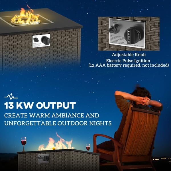 Outdoor Propane Fire Pit Table,2-in-1 Gas Fire Pit with Lid, 13KW Heat Output, Three-Strand PE Rattan Woven Firepit for Patio Garden Backyard, Grey