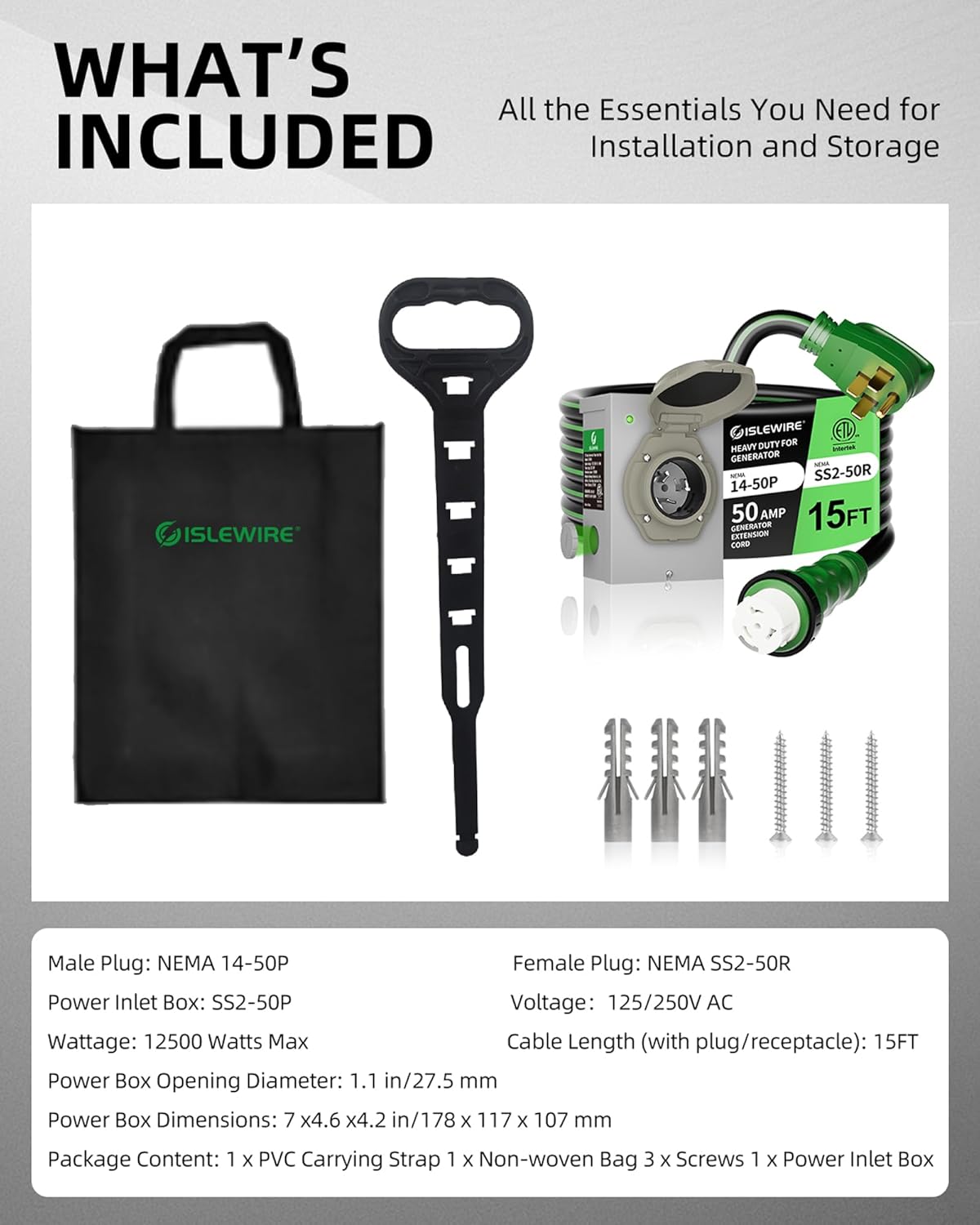 50 Amp 15FT Generator Cord and Pre-Drilled Power Inlet Box, NEMA 14-50P to SS2-50R Generator Cord Kit, 6/3+8/1 AWG STW Twist Lock Connector, 125/250V 12500W, ETL Listed, Ready for Emergency Use