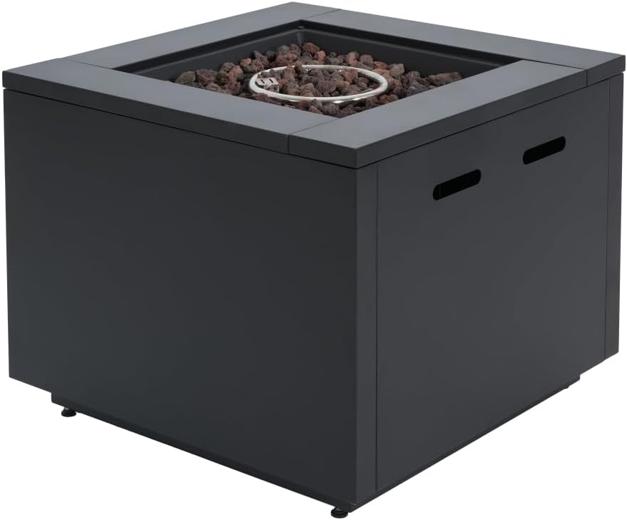 30inch Sleek Square Steel Fire Pit Table in Black with Lava Rocks and Protect Cover for Patio and Deck, 40000BTU
