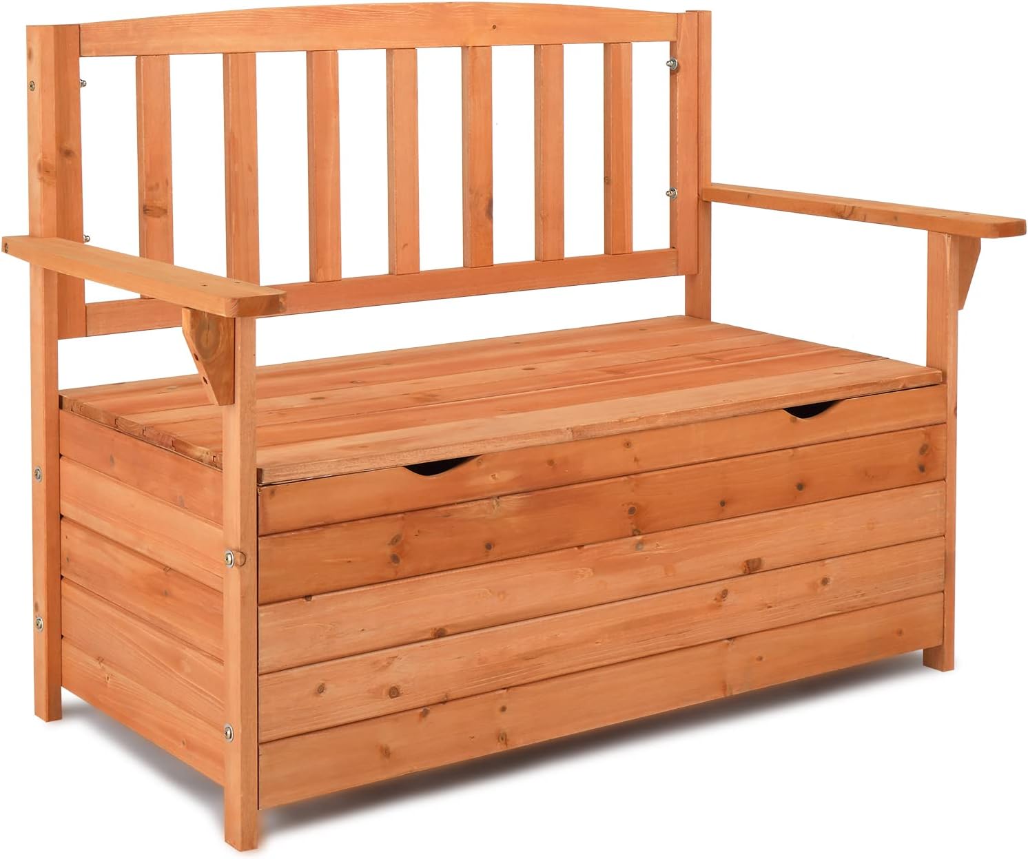 Wood Deck Box Bench, Storage Box with Backrest Armrest, All-Weather Yard Container Furniture for Tools, Toys, Outdoor Storage Bench Deck Box w/Seat for Backyard, Porch, Patio, Garden ,Orange Red