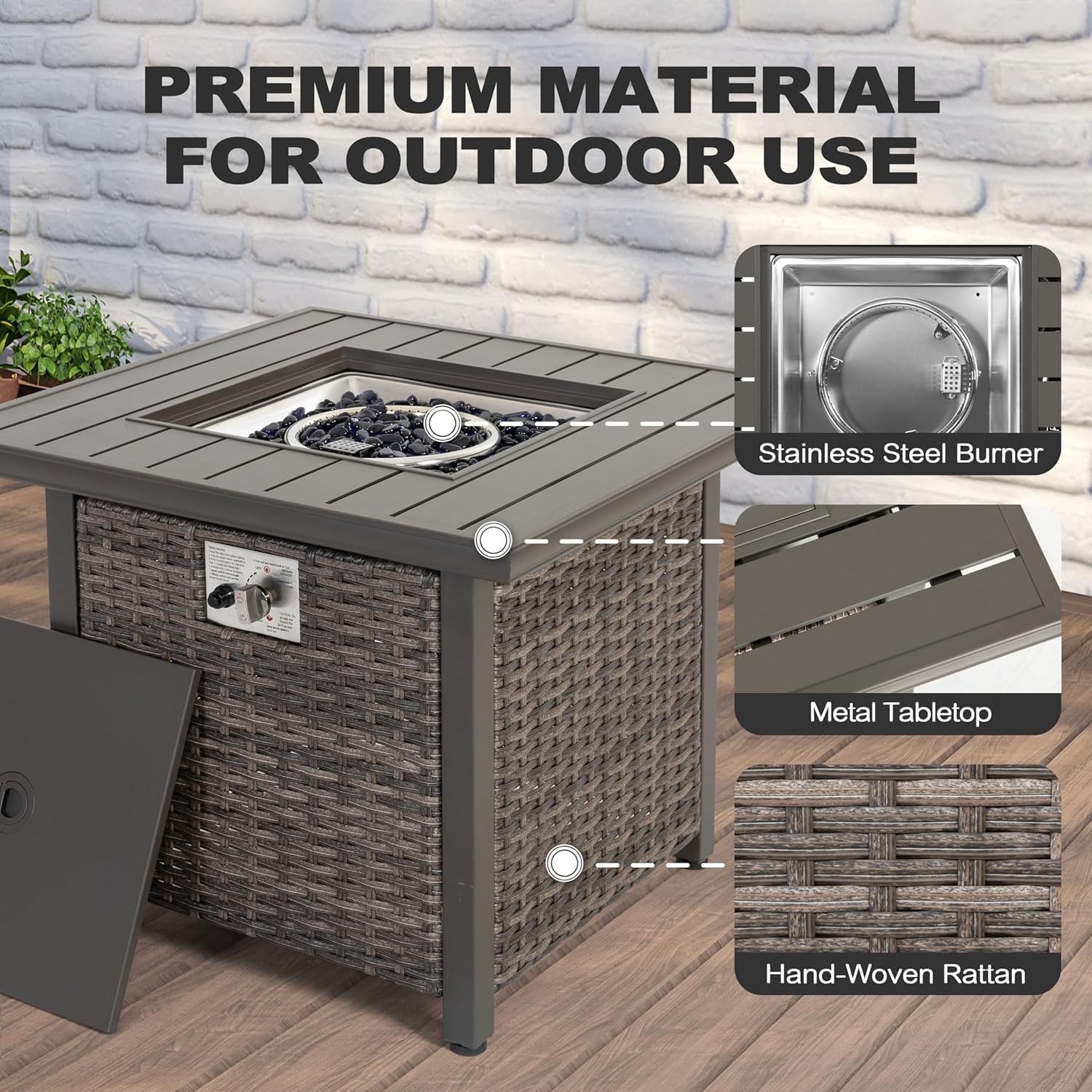 Nuu Garden 30 inch Outdoor Propane Fire Pit 50,000 BTU Gas Fire Pit Table with Lid, Hand-Woven Wicker, Square Gas Fire Table with Glass Beads for Garden, Patio, CSA Certification