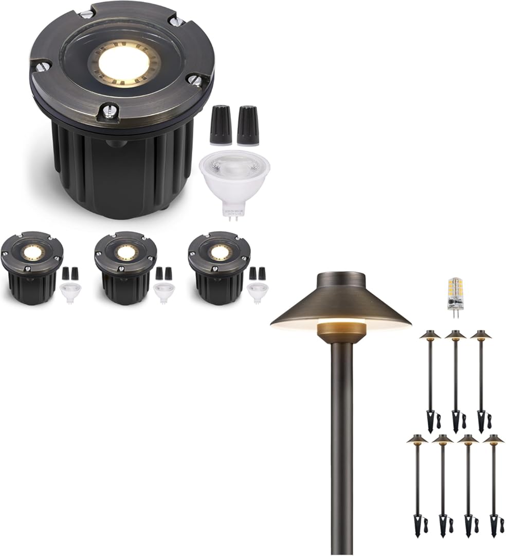 Gardenreet Low Voltage Landscape In Ground Lights Bundle, 4-Pack Brass 12V Well Light Wired, 8-Pack Brass LED Pathway Lights Outdoor, IP65 Waterproof with Bulb