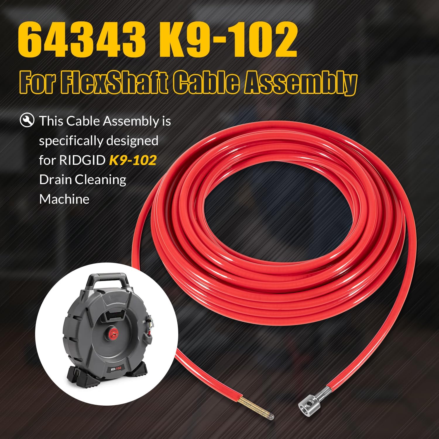 Replacement for FlexShaft Cable Assembly 64343 K9-102, 1/4” x 50 ft with Sheath and Couplings, Compatible with RIDGID K9-102 Drain Cleaning Machine for 1-1/4” to 2” Pipes