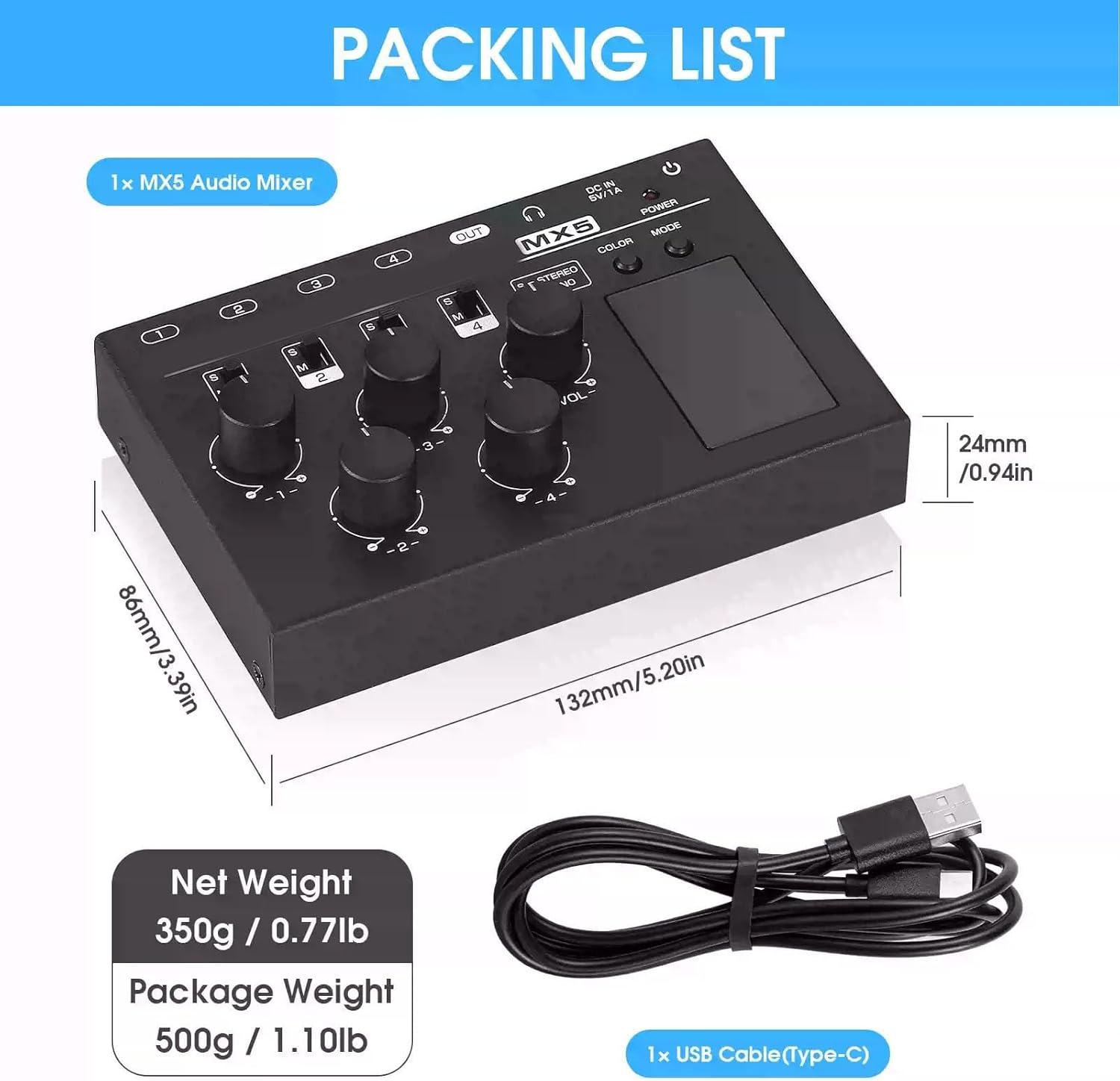 LiebeWH 4 Channel Audio Mixer Mini Sound Mixer with LED Level Display Stereo Mono Low Noise for PC CD Player Headphone Speaker Preamplifier