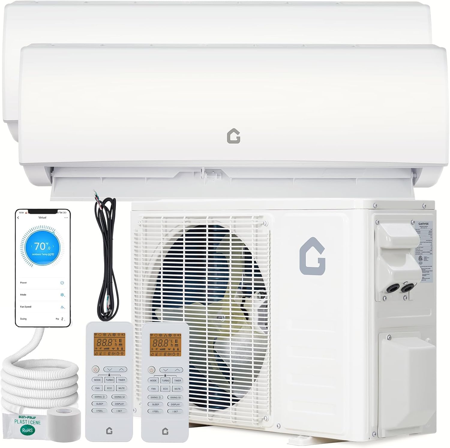 GarveeHome 2 Zone Mini Split AC/Heating System 28000 BTU (18K+18K), 20 SEER2 Dual Zone Ductless Wall Mounted Air Conditioner with Pre-Charged Condenser, 208-230V, Not Include Copper Tube Line Set