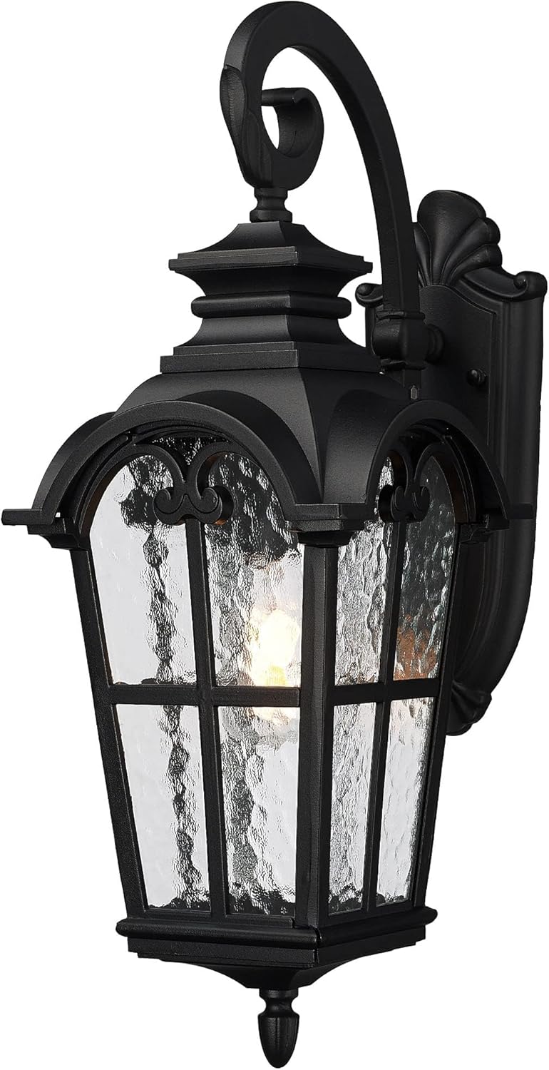zeyu Large Outdoor Wall Light Fixtures, Modern Farmhouse Exterior Wall Lantern Sconce, Die-Cast Aluminum with Water Ripple Glass Shade, Black Finish, ZW42BM BK
