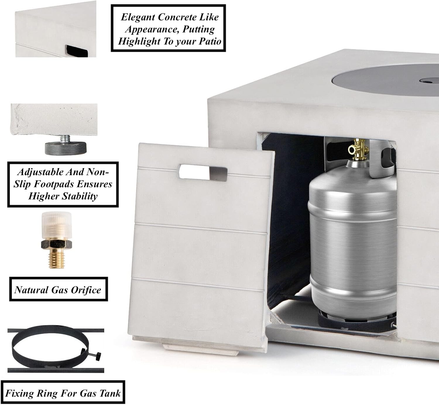 2 in 1 Design Square Concrete Propane Gas Fire Pit Table Patio Coffee Table with Lava Rock PVC Cover 50,000 BTU Heating Output Stainless Steel Burner Perfect for Backyard Poolside Garden Use