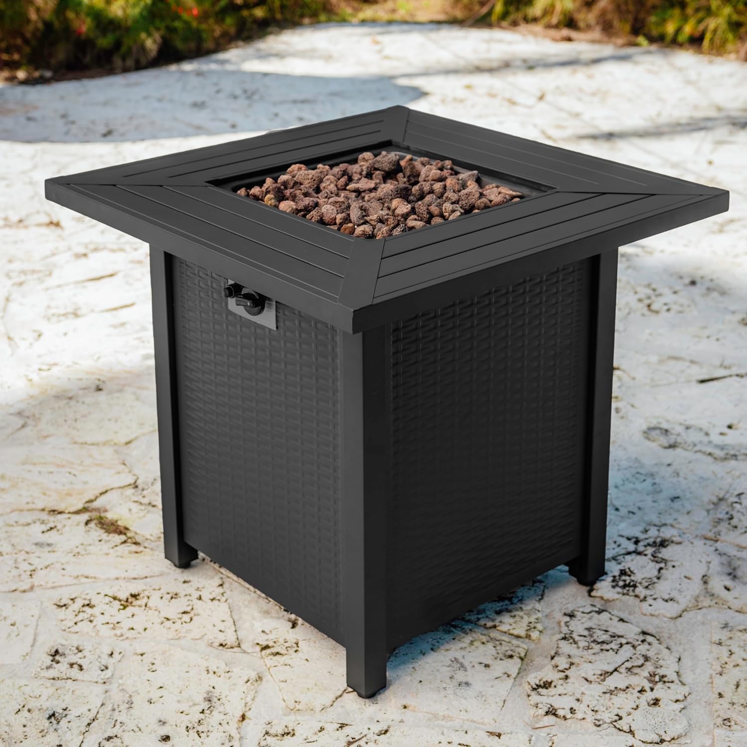Nestl 28 Inch Fire Pit for Outdoor - 40,000 BTU Outdoor Propane Fire Pit Table with Lid, Rain Cover & Lava Rocks - Patio Fire Pit Table for Backyard Gatherings - Black