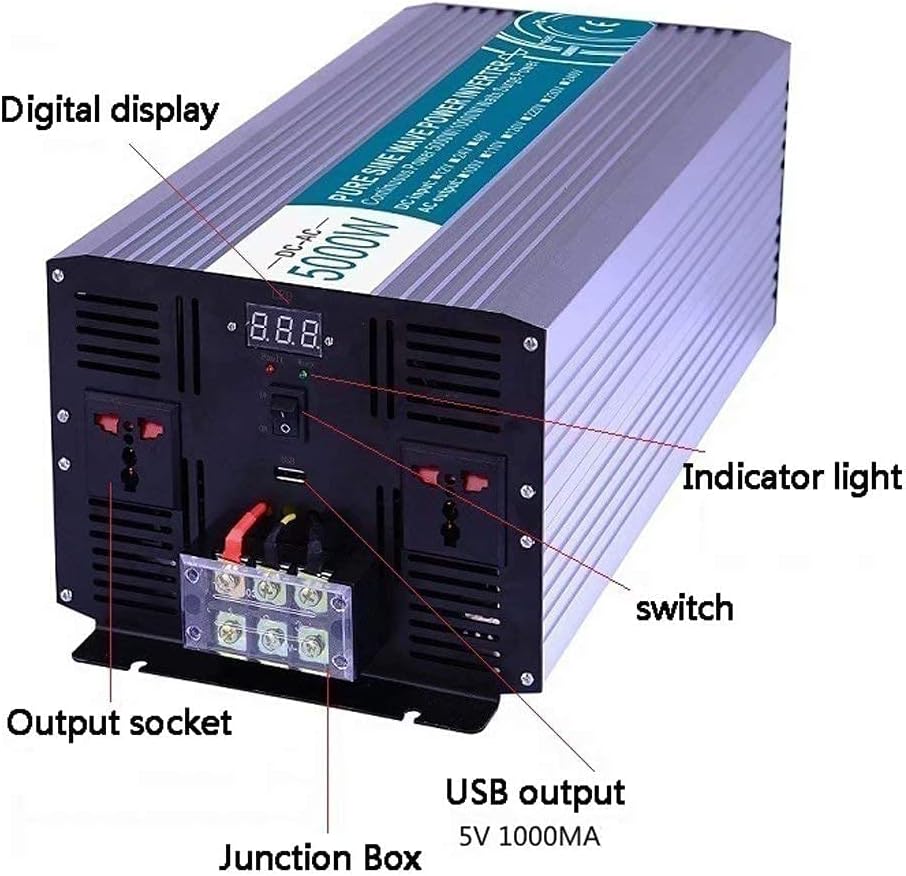 inBEKEA 5000W High Power Inverter 12V / 24V / 48V Home Car DC to AC110V / 220V Converter with 2 AC Outlets for Outdoor Lighting Power outages (48vto220v)