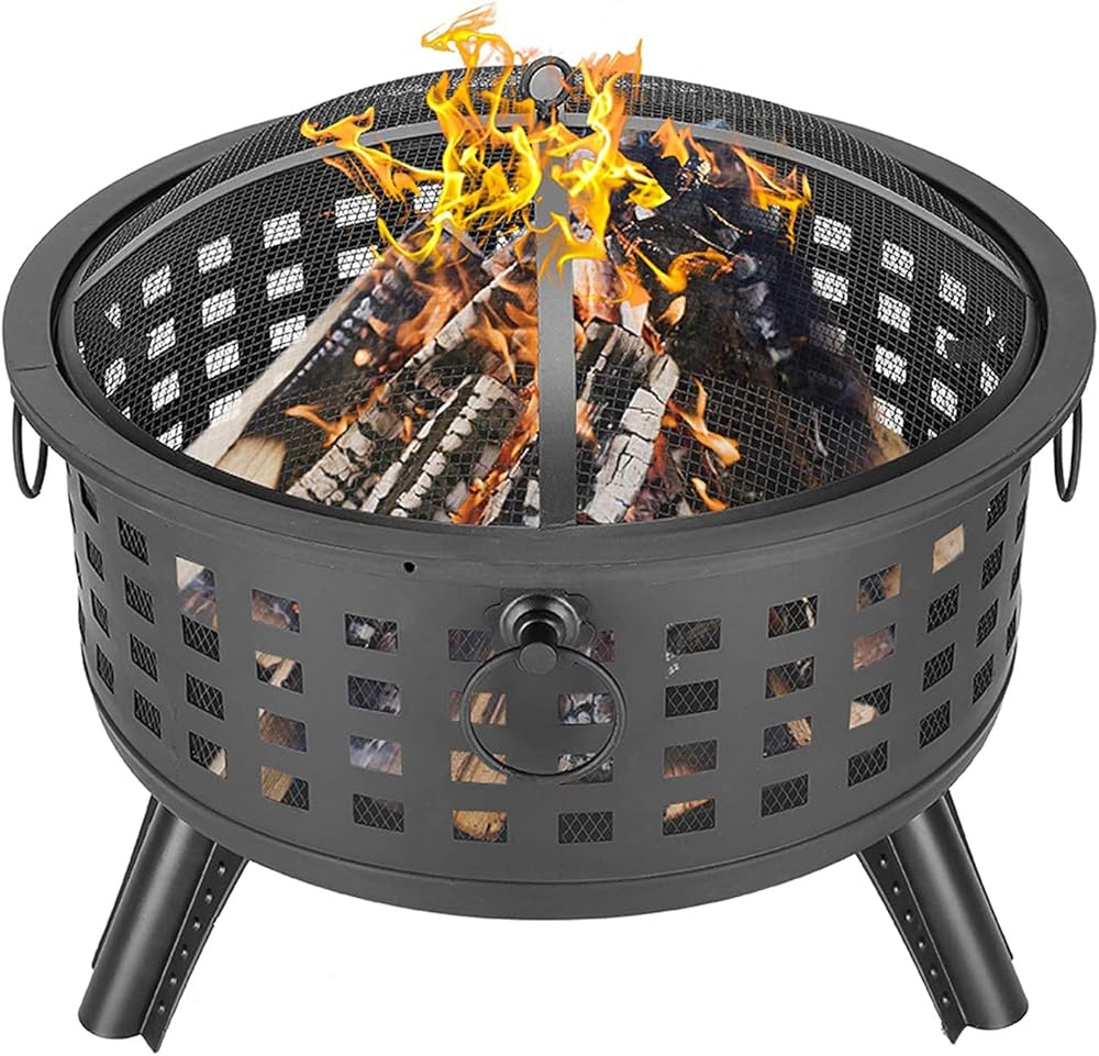 Outdoor Wood Burning Firepit,with Spark Screen Fireplace Poker Fire Pits,26-Inch BBQ Fire Bowl