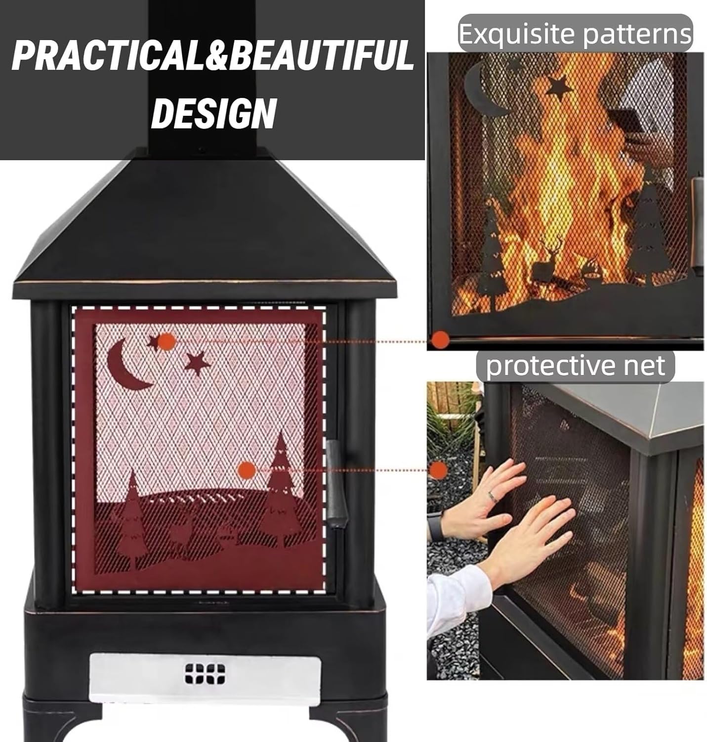 Outdoor Fire Pits 68.90IN (Dual-Purpose Grill & Heater) (Double-Layer Ash Tray) Extended Chimney, Exquisite Protective Net, Black Modern Simple Design