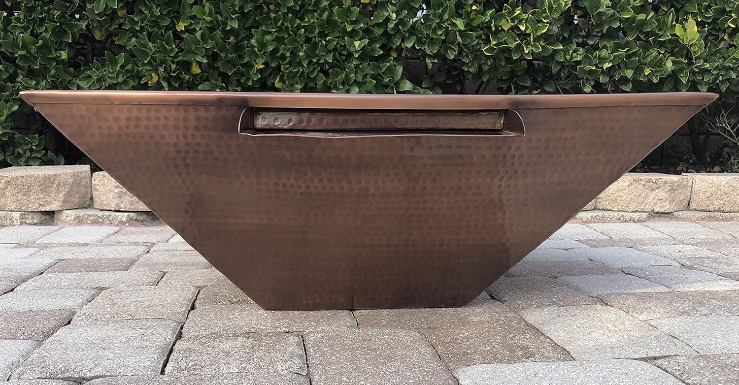 30 Inch Hammered Copper Water Bowl Fountain Square Propane or Natural Gas Fire Pit with 18 inch Diameter Burner Ring 147,000 BTU