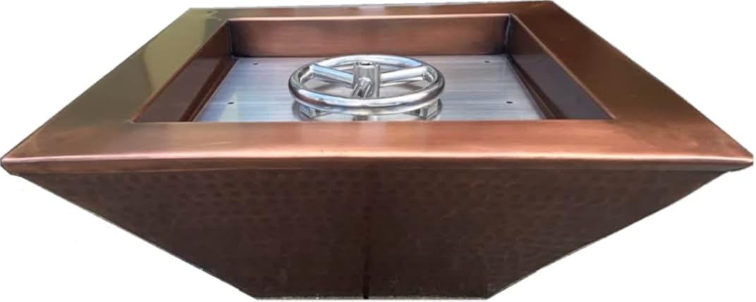18 Inch Square Hammered Copper Metal Outdoor Propane or Natural Gas Fire Pit with 6 Inch Diameter Burner Ring Stainless Steel