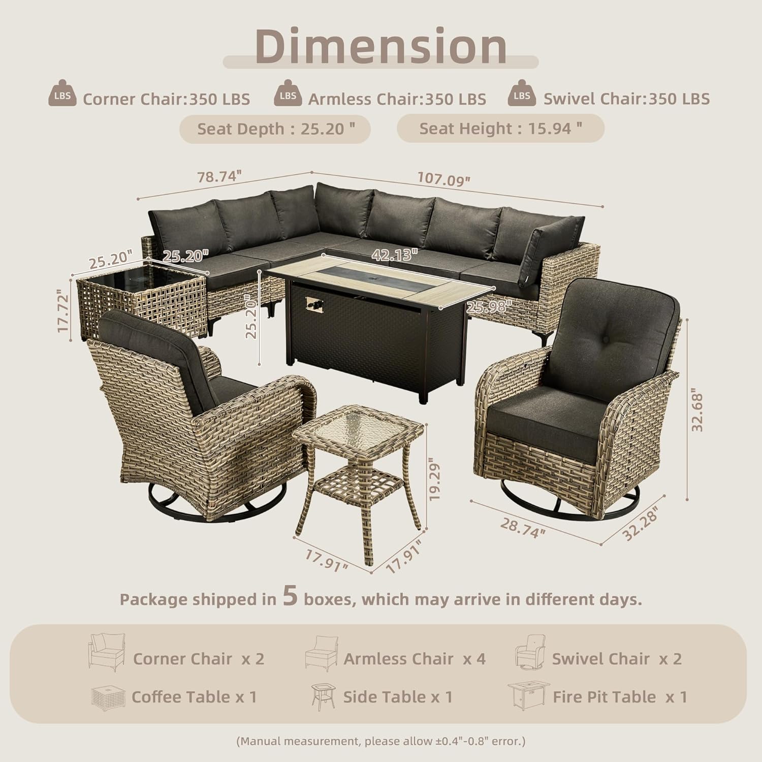 11-Piece Outdoor Sectional Sofa Set w/ 54