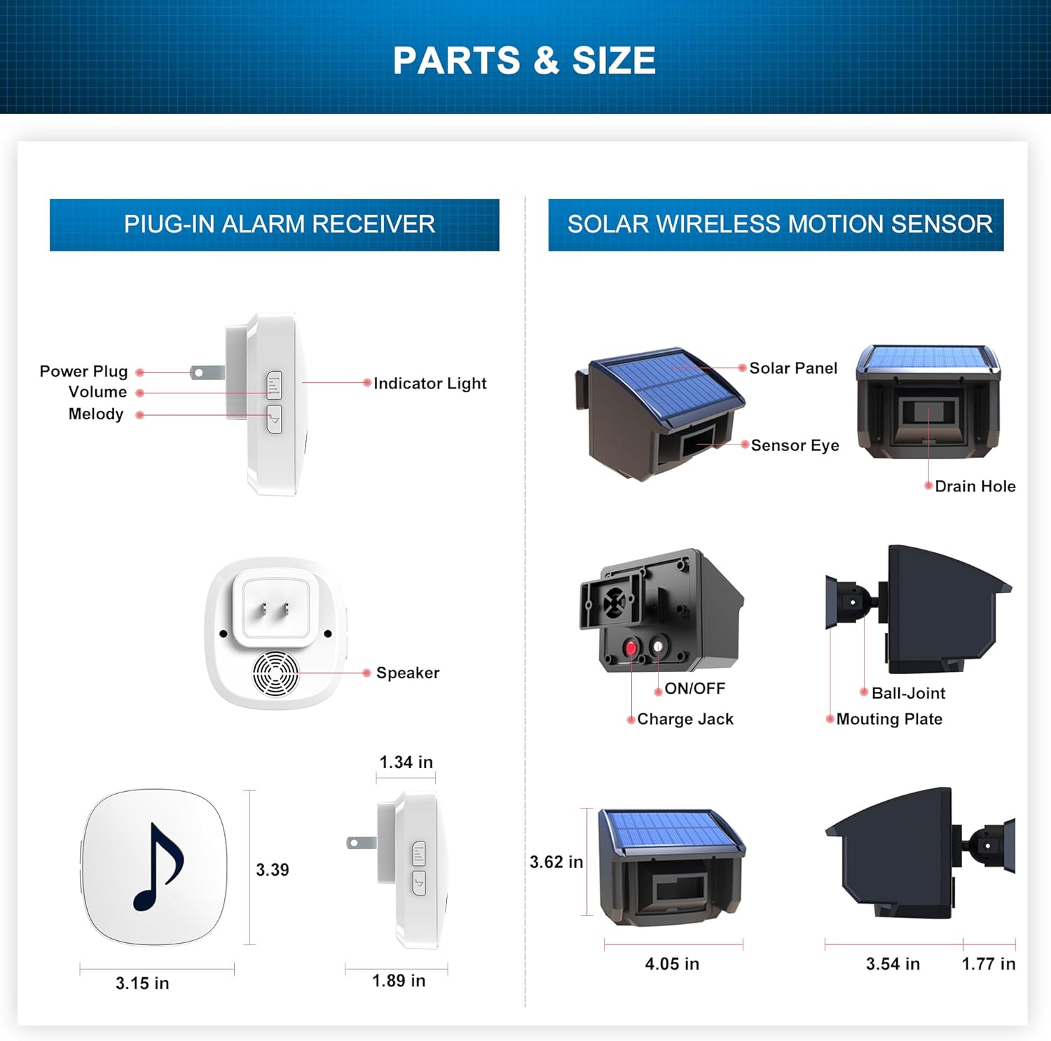 Htzsafe Solar Wireless Driveway Alarm System-1/4 Mile Long Transmission Range-Solar Powered No Need Replace Batteries-Outdoor Weatherproof Motion Sensor DIY Security Alert-1 Receiver and 2 Sensors KIT