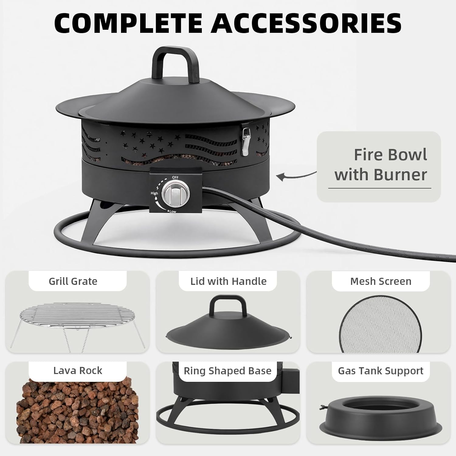 Portable Propane Fire Pit, 20 Inch Smokeless Gas Fire Pit Bowl for Outside, 60,000 BTU Outdoor Firepit with Grill Grate & Lid for Camping, Patio, Yard, Garden