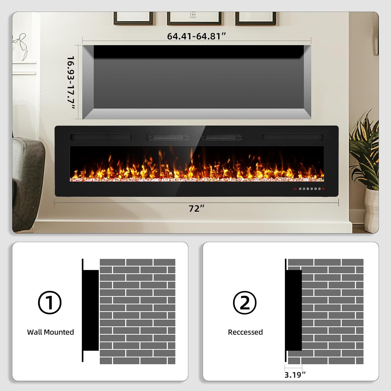 72” Electric Fireplace Recessed and Wall Mounted Fire Places with Remote Control, Touch Screen