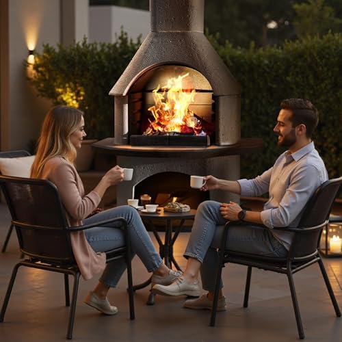 Concrete Outdoor Fireplace with Grill, Wood Burning Fireplace with Wood Storage and Chimney, Include Grill Rack & Charcoal Pan, 79.9”H