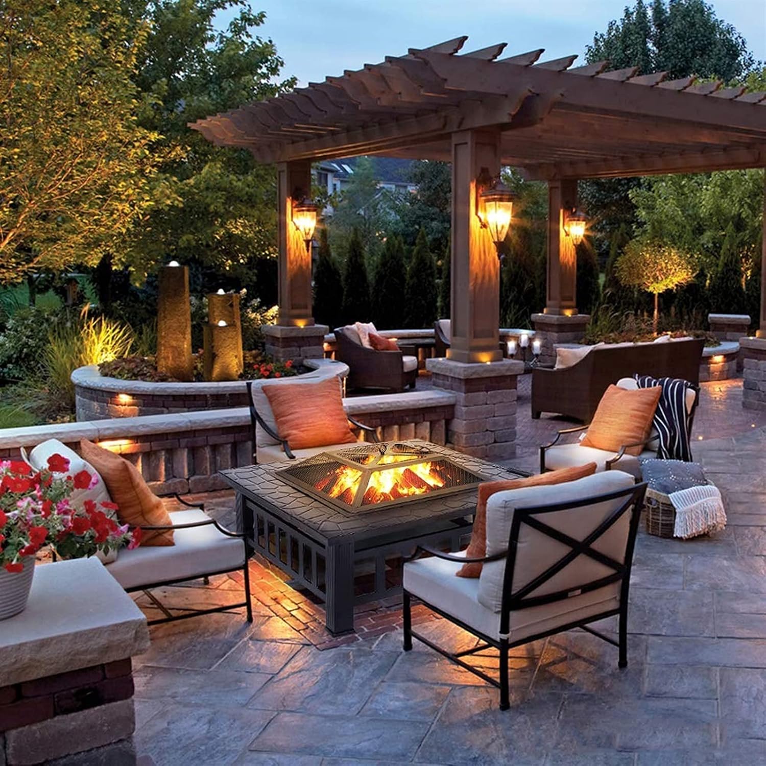 Fire Pit Wood-Burning fire Pit, with Spark Screen, Fireplace Poker, Metal Grille, fire Pit Cover, Outdoor fire Pit Set