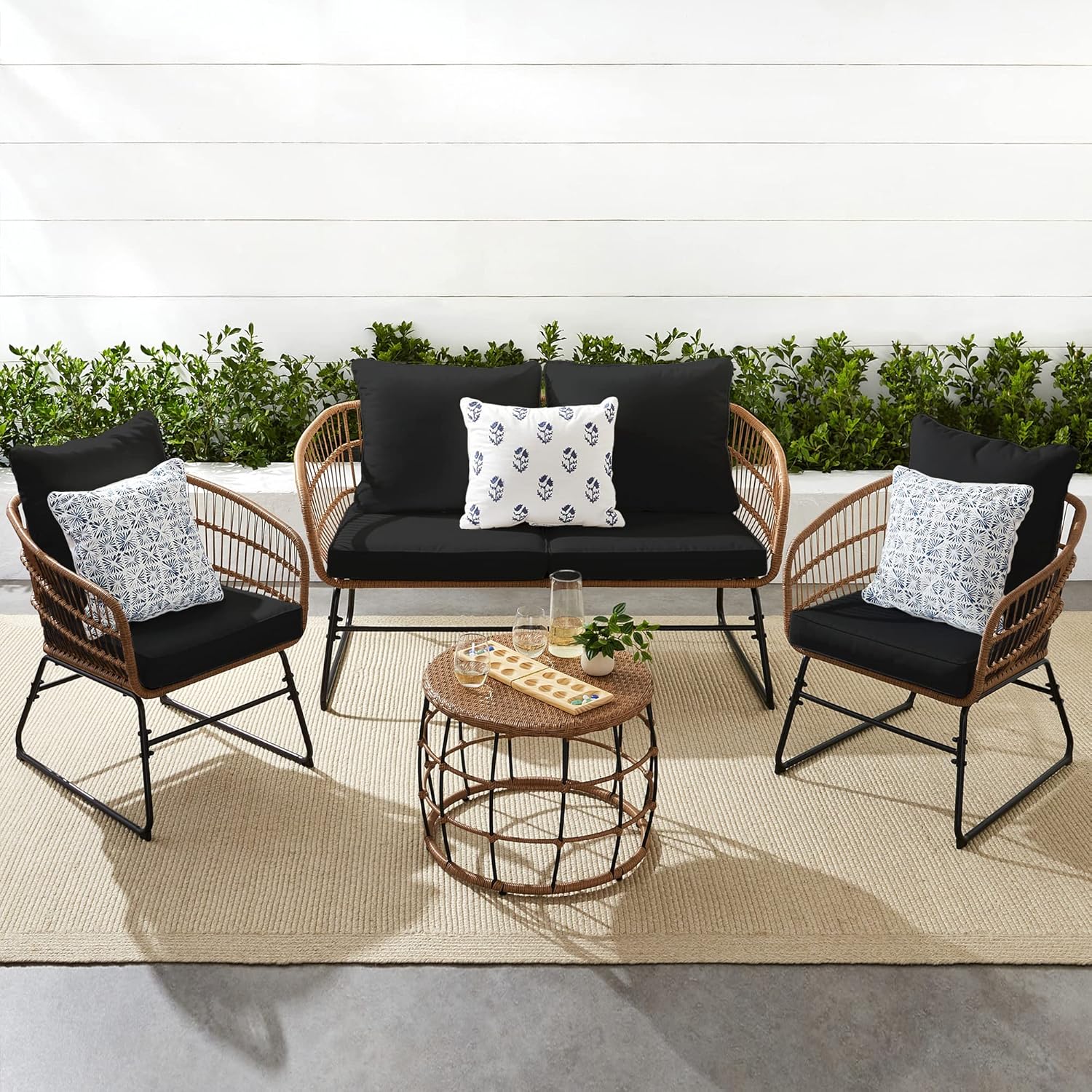 Best Choice Products 4-Piece Outdoor Rope Wicker Patio Conversation Set, Modern Contemporary Furniture for Backyard, Balcony, Porch w/Loveseat, Plush Cushions, Coffee Table, Steel Frame - Black