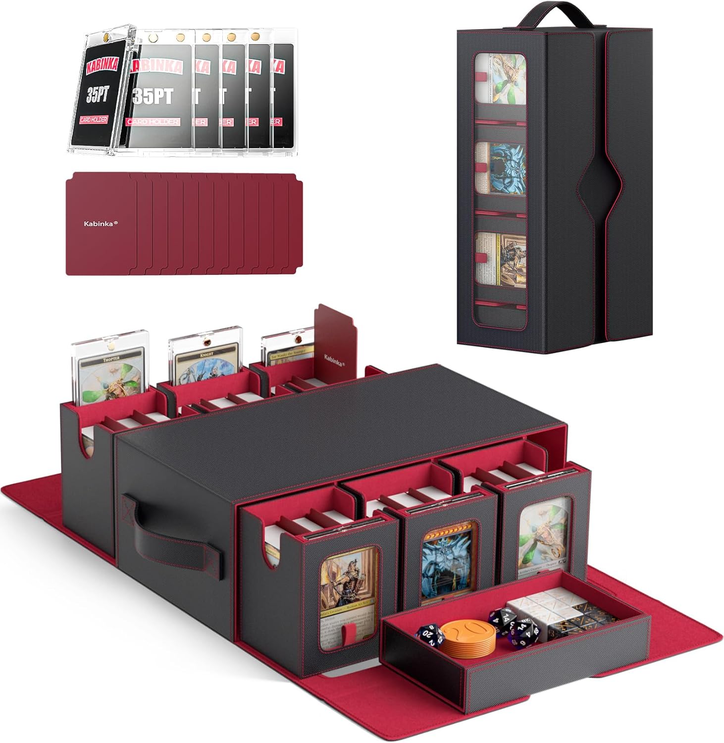 Kabinka MTG Commander Deck Box, 6-Deck Modular Card Case with 100 PCS Card Sleeves, Dice Tray - Holds 600+ Double-Sleeved Cards, 35PT Magnetic Holders for TCG/EDH (Black Red)