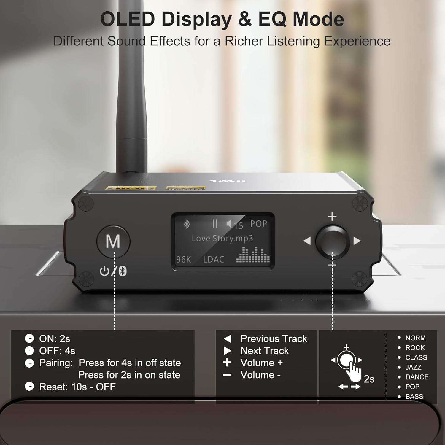 1Mii DS220 HiFi Bluetooth Receiver – Long Range Wireless Audio Adapter with Audiophile DAC, LDAC & aptX HD, OLED Display, Optical/Coaxial/RCA Outputs for Home Stereo & AV Receiver