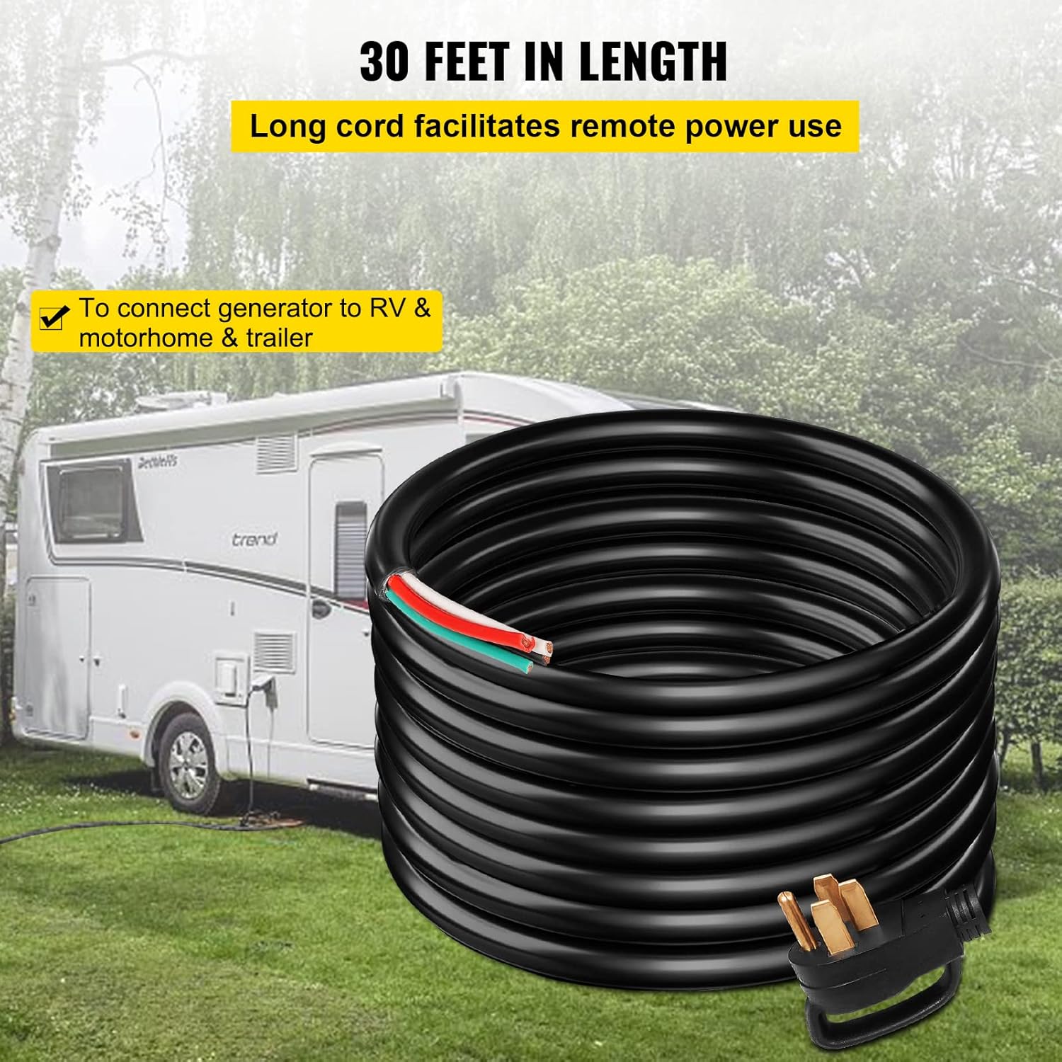 Happybuy 30' 50A RV Power Cord Generator Cable, 6/3 + 8/1 AWG, NEMA 14-50P to Bare Wire, Heavy-Duty, Flexible for RV, Camper, and Outdoor Generator Connections